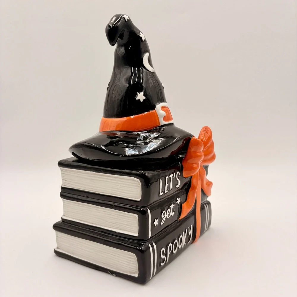 Halloween Ceramic Witch Hat Stacked Books Let's Get Spooky Candy Jar Black